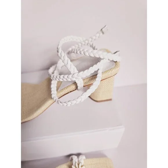 Schutz Hina Daisy Fairy Rafia Floral Lace Up White Block Heels Sandals Shoes 7.5 - Picture 7 of 14